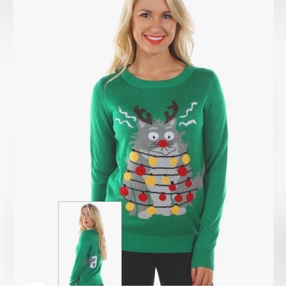 Tipsy Elves Sweaters - Tipsy Elves Electrocuted Cat Christmas Holiday Ugly Sweater Size XL